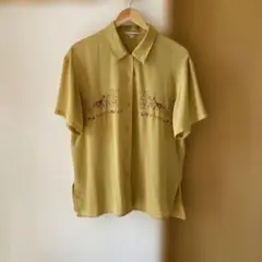 ヴィンテージ　レトロ　刺繍　シャツ　ポリエステル製100%　L　マスタード