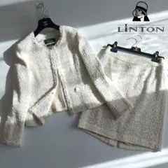 高級LINTONツイード ノーカラー×スカート フリンジ オフホワイト