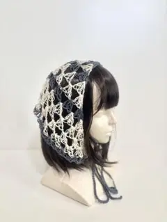 ゆるっとバブーシュカ ブルー×マーブル ハンドメイド かぎ編み