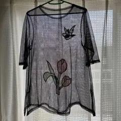 レトロ刺繍チュニック　黒　半袖・5分丈　ヴィンテージ