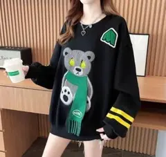 XL ブラック カジュアル 緑 クマ 韓国 トレーナー おしゃれ マフラー