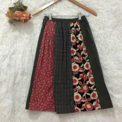 ★ヴィンテージ★ロングフレアスカート 【F】花柄 チェック柄 レトロ