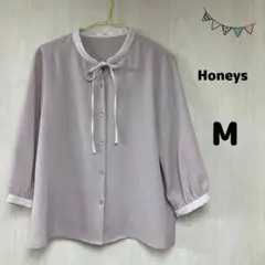 くすみピンク リボン7分袖ブラウス バンドカラー とろみブラウスHoneys M