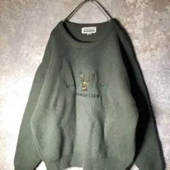 【ヴィンテージ】カモシカ刺繍入り ウールニット 厚手 グリーン 古着 AS120