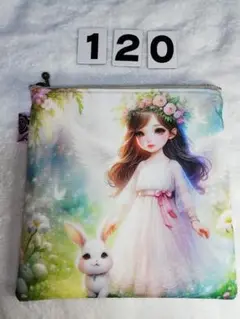 【ハンドメイド】フラットポーチ　少女天使とうさぎ