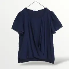 ラッフルスリーブ シフォンブラウス M-L ネイビー とろみ カシュクール風