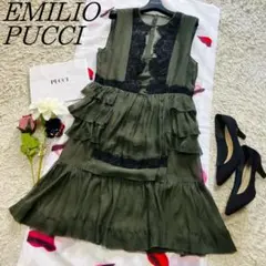 【良品】EMILIOPUCCI シフォンレースワンピース 膝丈 グリーン 38
