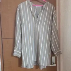 【オペークドットクリップ】スキッパーカラーブラウス（M）シャツ ストライプ
