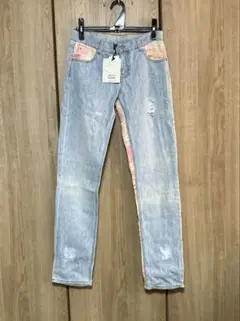 M(150)／ポプシーチャム デニムパンツ パッチワーク調ｘダメージ加工 未使用