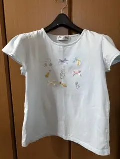 水色 Tシャツ 音符とリボン刺繍 30サイズ