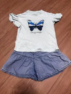 GU 蝶のスパンコールTシャツとデニムショーツセット　130cm