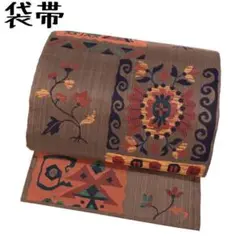 KO-411 袋帯 正絹 洒落帯 幾何学模様 刺繍 六通 九寸