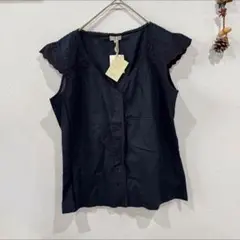 ノース　綿100% Vネックフリル袖　ブラウス トップス　ブラック 新品未使用