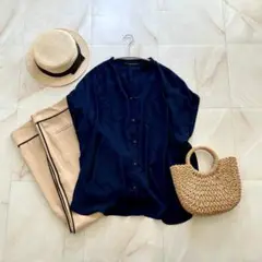《❤️本日限り最終価格❤️》YECCA VECCA ネイビー バンドカラーシャツ