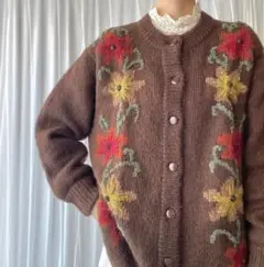 ヴィンテージ 花柄 刺繍 ロング丈 カーディガン ニット 古着 レトロ A648