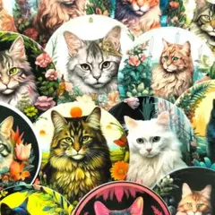 ステッカー　猫と花C　15枚　防水　PVC素材　ジャンクジャーナル素材