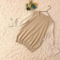 ニット　シャツ　ドッキング　袖フリル　刺繍　パール　ベージュ