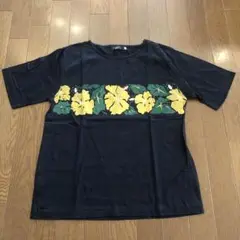 日本製　ハイビスカス　綿100% 花柄プリント Tシャツ　ブラック