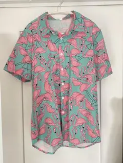 フラミンゴ柄 半袖シャツ 水色