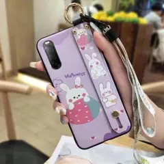 Xperia10 II　SO-41A　SOV43　薄型　ストラップ付き　ウサギ苺