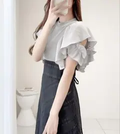 【Mily bilet】ダブルフリル袖チェックレースドッキングワンピースSサイズ