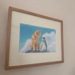 猫とペンギンの色鉛筆画