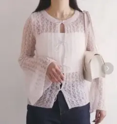 【美品】muguet sheer knitribbon tops