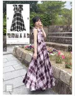 チェック柄ショルダーリボンフレアワンピース