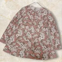 【ハブァナイストリップ】フリルカラーカットソー　花柄　パールボタン　丈長め　L