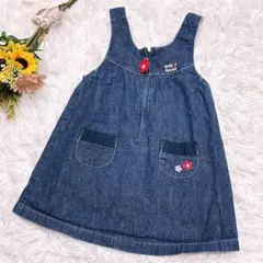 ミキハウス　キッズ　90　デニム　ジャンバースカート　ロゴ刺繍　花モチーフ　子供