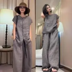 チェック柄2ピースセット カジュアルパンツ 普段着・女子会に最適