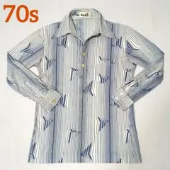 【70s】ビンテージ デカ襟 ディスコ シャツ 幾何学 総柄 ホワイト 希少！
