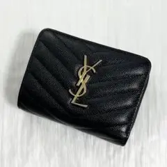 【美品✨】サンローラン YSL 二つ折り財布 キャビアスキン 付属品あり 黒 金