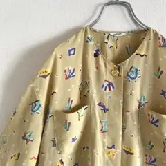 used 柄シャツ 海柄 イエロー マルチカラー ノーカラー 日本製 夏服 古着