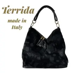 【Terrida 】イタリア製本革高級ハラコレスポット柄 ハンドバッグ黒レザー