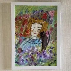 絵画 。壁掛け絵原画【美しい花の中に花輪をかぶった女の子と黒猫】