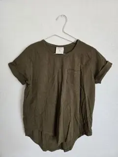 オリーブ色 ポケット付き 半袖Tシャツ