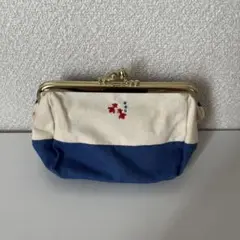 がま口 小型 アイボリーと青 金魚刺繍