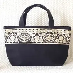 ②インド刺繍リボン　トートバッグ　ブラック　サブバッグ軽量