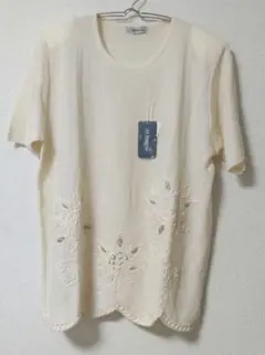 婦人服〜Le Fannous 刺繍入り半袖サマーニット クリーム色＊3Lサイズ