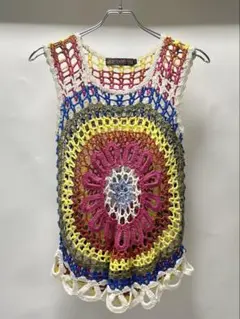 【レア】デザインクロシェ ノースリーブ トップ ヒッピー S