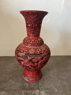 ♦中国 美術工芸品 堆朱 彫漆 楼閣山水図瓶 花瓶コレクション骨董品アンティーク 中国 花瓶 壺 堆朱 山水家屋 唐草文 台付 彫漆