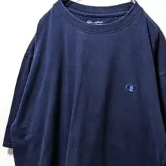 チャンピオン ロゴ刺繍 Tシャツ ネイビー 紺色 L 古着ワンポイント