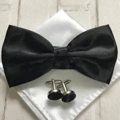 カフス チーフ 蝶ネクタイ 黒 メンズ 結婚式 フォーマル セレモニー 3点組