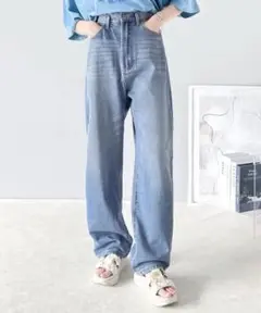 classicalELF ゆったりハイウエストワイドストレート無地デニム ブルー