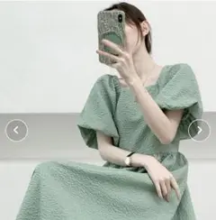 最終値下げ！　美品　ふくれジャガードパフスリーブスクエアワンピース