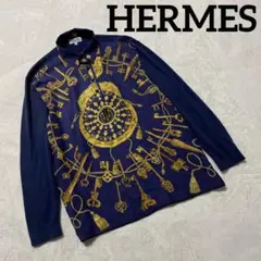 高級✨HERMES シャツ 絹 ニット ドッキング 鍵柄 紺 金