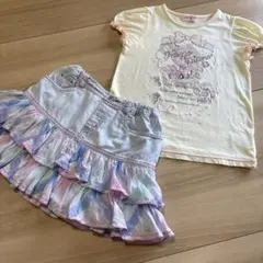 メゾピアノ　バレエモチーフ Tシャツ と チェックフリル デニムスカート　120