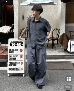 【nugu|180CMM】リネンライクシャーリング半袖シャツ ネイビー
