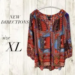 NEW DIRECTIONS 多色パターン 五分袖 ブラウス XL レッド